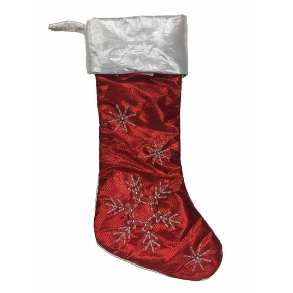 Metallic Red & Silver Shimmer Stripe Snowflake Christmas Holiday Stocking