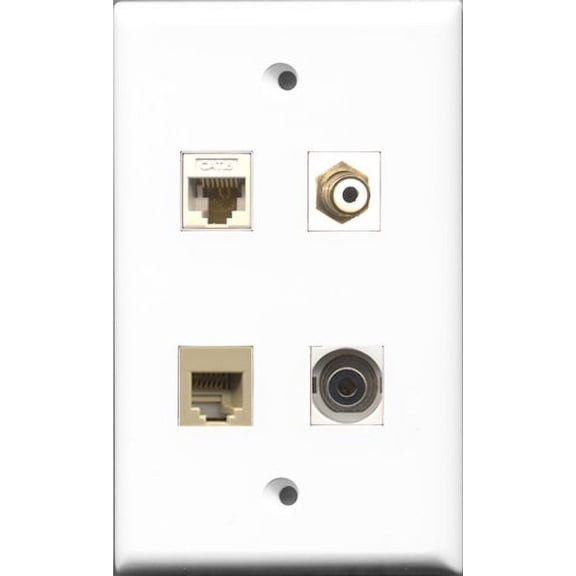 RiteAV 1 Port RCA White and 1 Port Phone RJ11 RJ12 Beige and 1 Port 3.5mm and 1 Port Cat6 Ethernet White Wall Plate