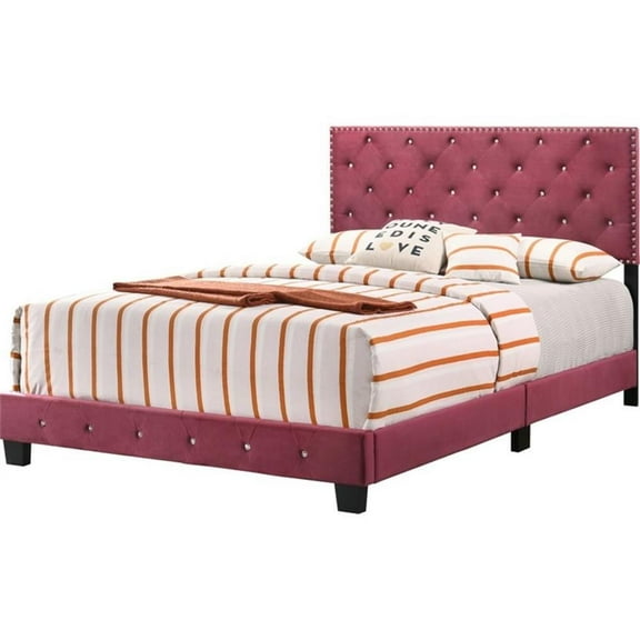 Maklaine Deep Tufted Velvet Upholstered w/Faux Jewels Queen Bed in Cherry