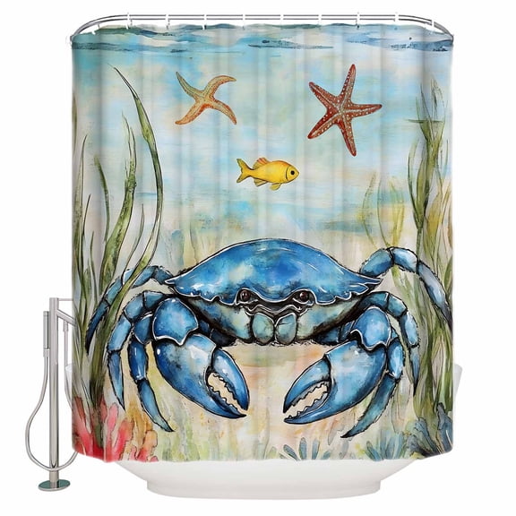 Blue Crab Coastal Bathroom Shower Curtains with 12 Hooks Polyester Waterproof Shower Curtain for Stalls and Bathtubs Nautical Starfish Beach Ocean Coral Decorative Bathroom Curtain 48x72 Inches