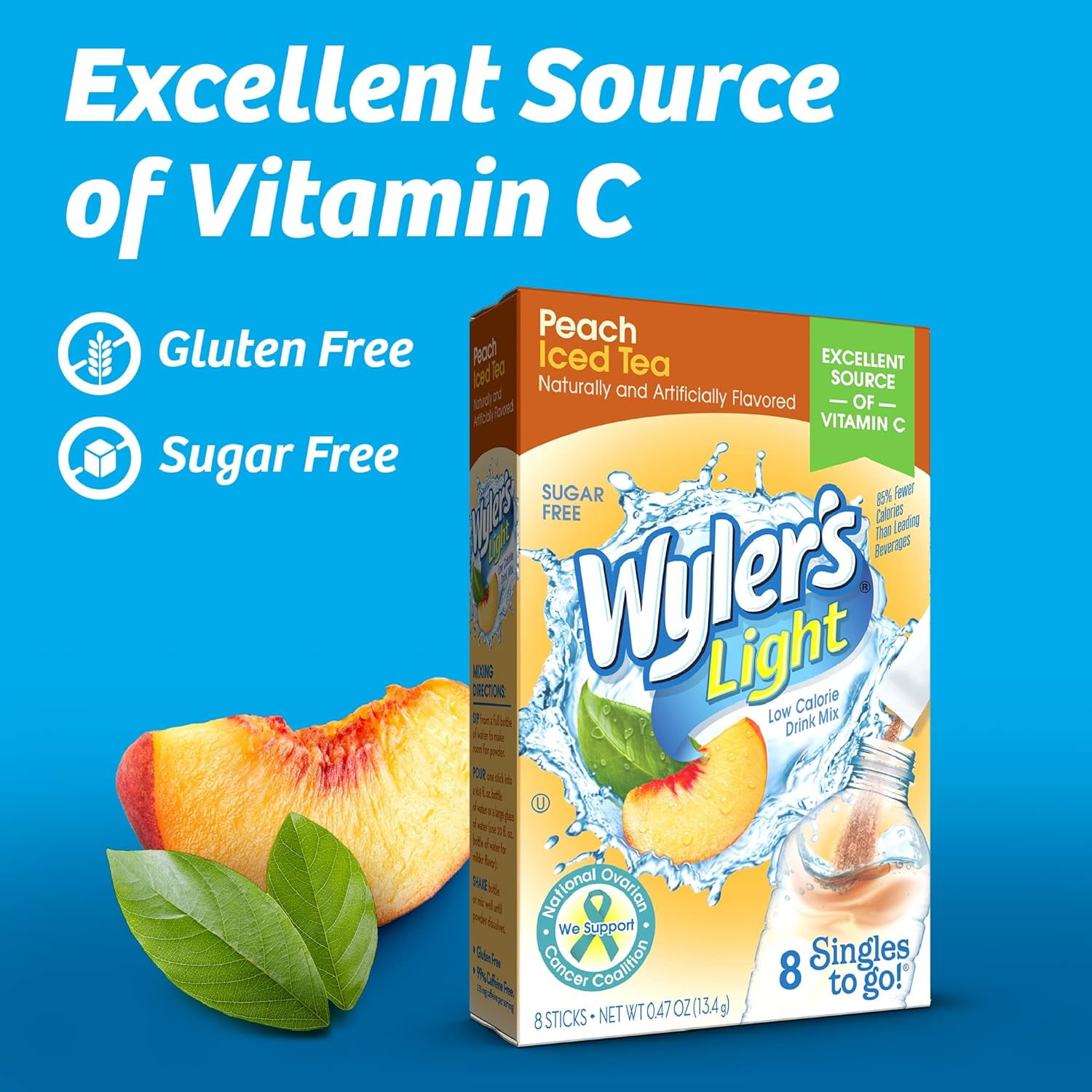 (3 pack) Wyler's Light Peach Iced Tea Powdered Drink Mix Singles to Go, Sugar-Free, 8 Count Packets