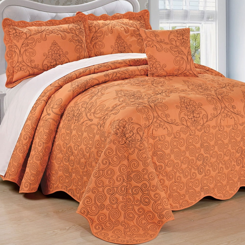 Serenta Damask Embroidered 4 Piece Bed Spread Set