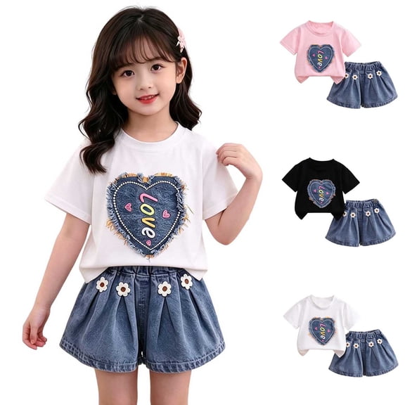 Pretxorve Kids Girls Outfit Set Summer Heart Short Sleeve Top with Denim Look Shorts 2 Piece Outfits 0-5Y