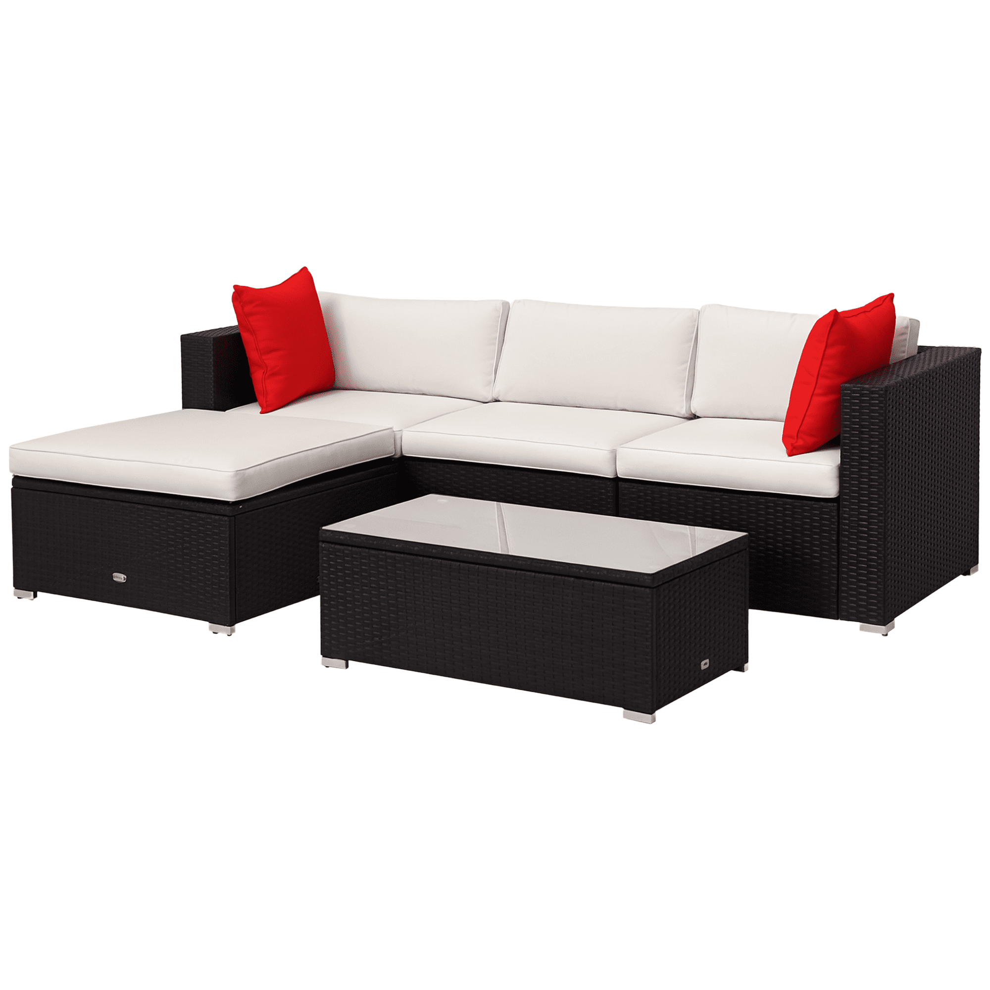 Outsunny 5-Piece Outdoor Sectional Furniture, Patio Sofa Set, PE Wicker Couch, Cushions, Pillows, Ottoman, Coffee Table, Cream White