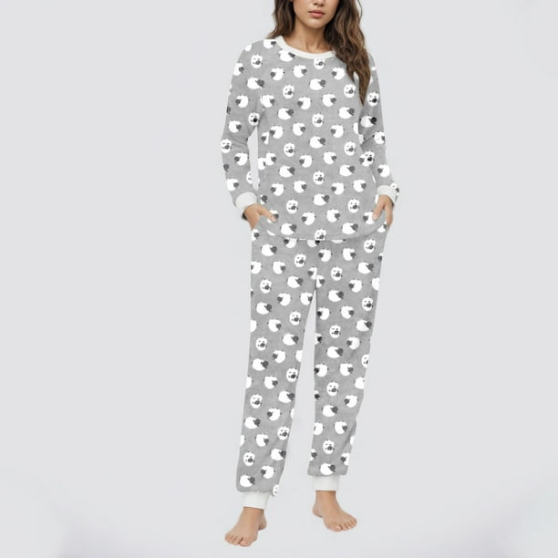 Conjunto de top y pantalones de poliéster con bolsillos largos y estampado de cuello redondo informal para mujer