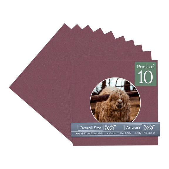 Raspberry Red Picture Frame Mat for 5x5 Inch Frames - Circle Opening for 3x3 Photos - 10 Mats
