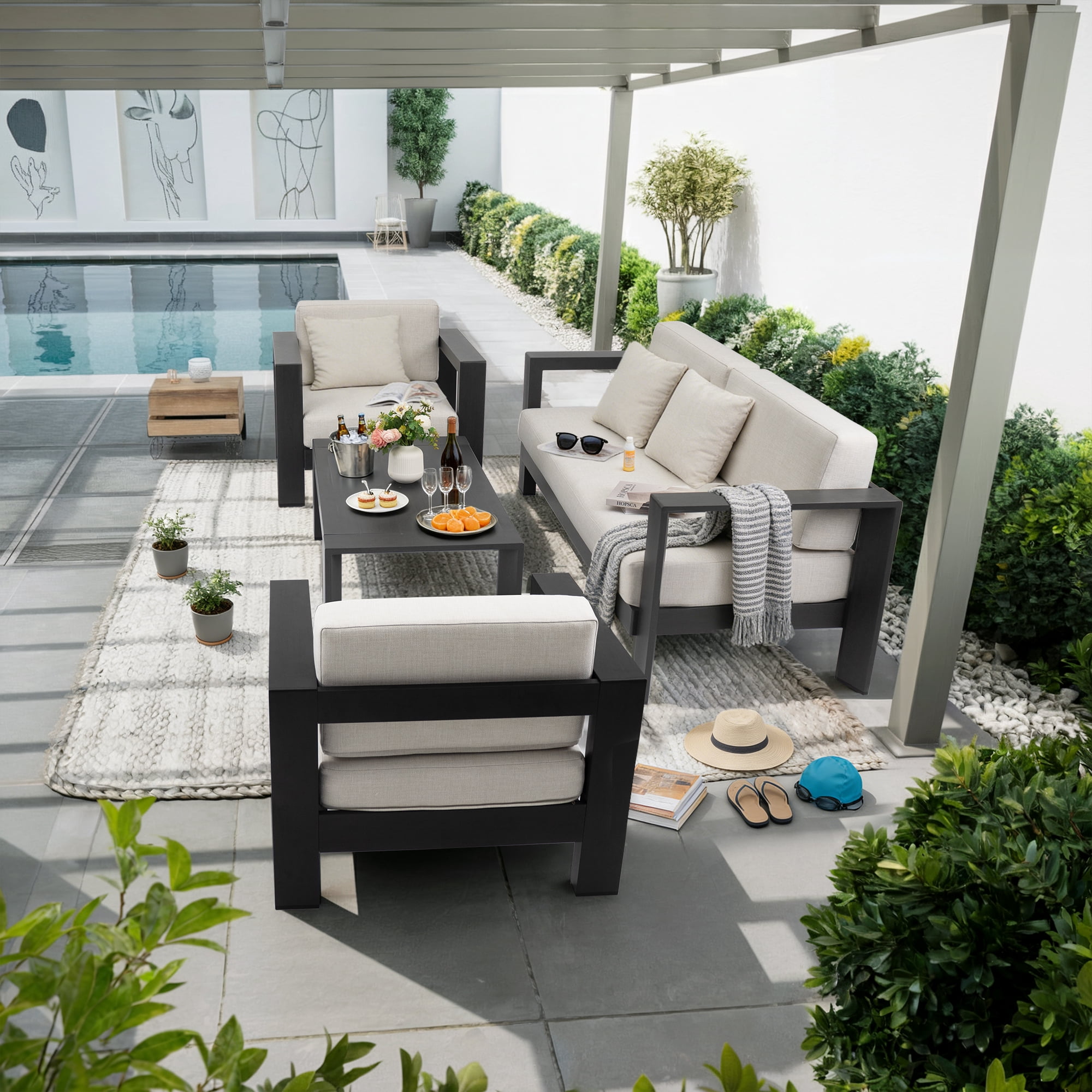 FHVIT Aluminum Patio Furniture Set 4-Piece Oversized Outdoor Furniture Set with Washable Thick Cushions, Coffee Table for Porch, Balcony, Deck, Yard