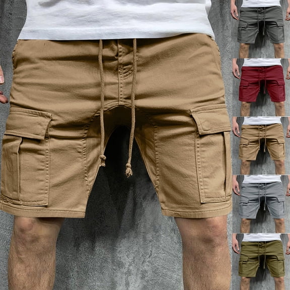 RYDCOT Mens Cotton Linen Shorts Casual Elastic Waist Drawstring Lightweight Summer Beach Cargo Shorts Red