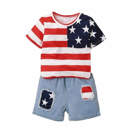 

ZIZOCWA Baby Boy Outfits Summer Boys And Girls Independent Such As The Flag Short Sleeved Top Denim Shorts Set 24 Months To 6 Years Jacket Pant Set Track Suits for Kids Baby Set Clothes Baby Suspend