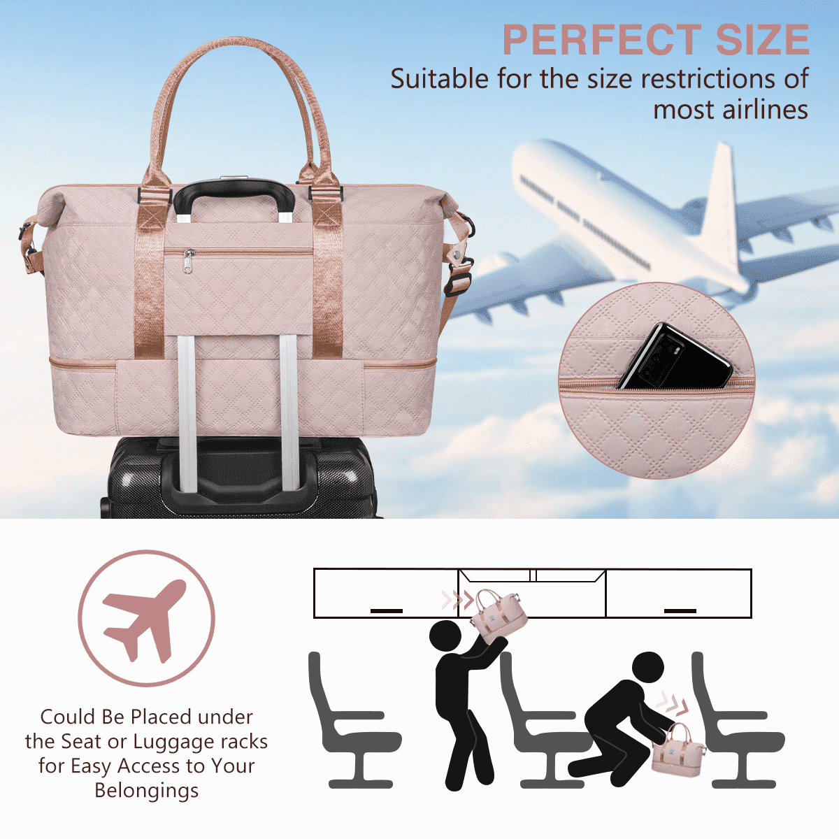 DAKOMM Weekender Overnight Bag for Women, Travel Duffel with Shoe & Wet Pockets, Includes Toiletry Bag, Ideal as Hospital or Personal Item Bag, Pink
