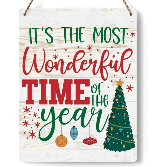 Novelty Christmas Tree Decorations Wood Sign It's The Most Wonderful Time of The Year Wooden Signs Rustic Hanging Plaque Wall Art Sign Wall Decor for Farmhouse Home Kitchen 8x12 Inch