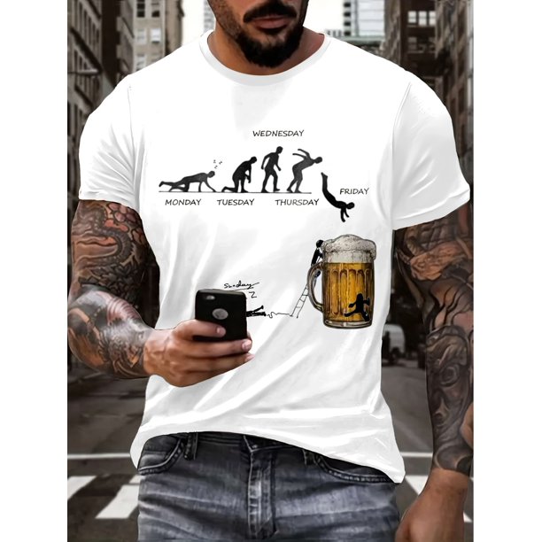 Camiseta informal con gráfico de cerveza para hombre: diseño evolutivo y divertido, cómoda camiseta de algodón con cuello redondo para uso informal y reuniones al aire libre.
