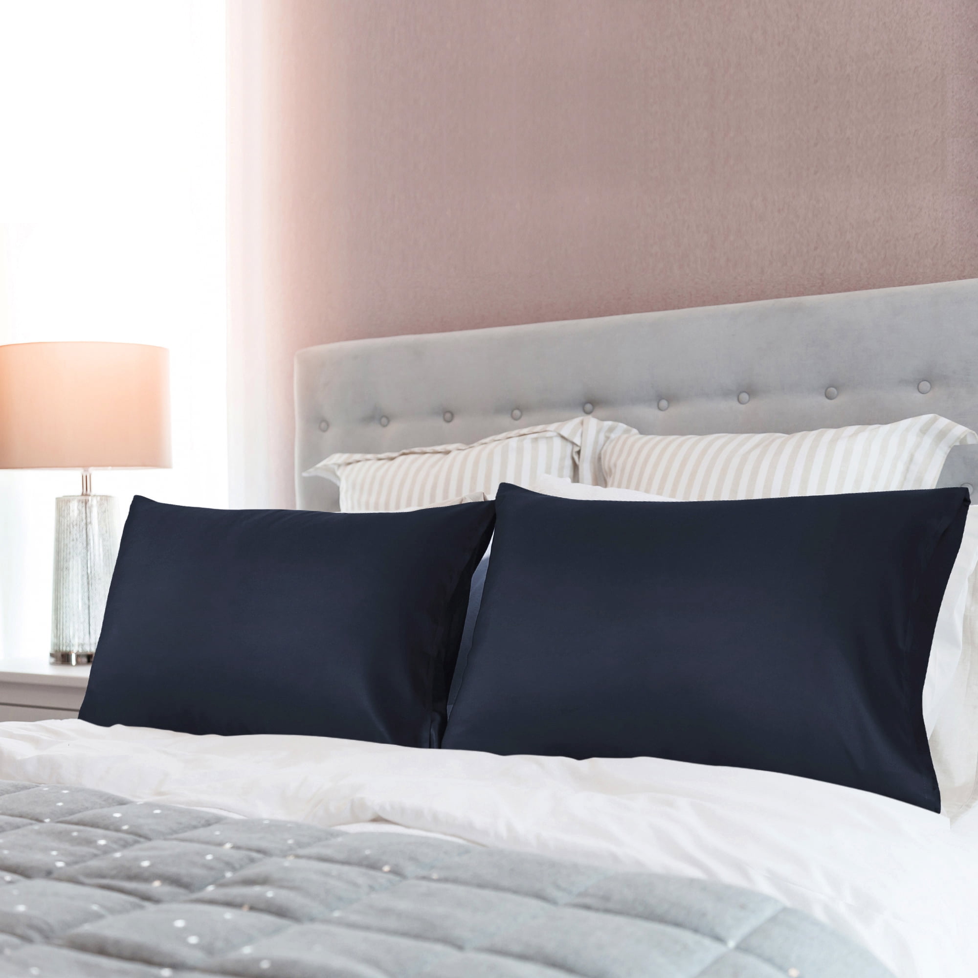 Unique Bargains 2 Packs 1800  Brushed Pillowcase Zippered  Navy Blue, King Size