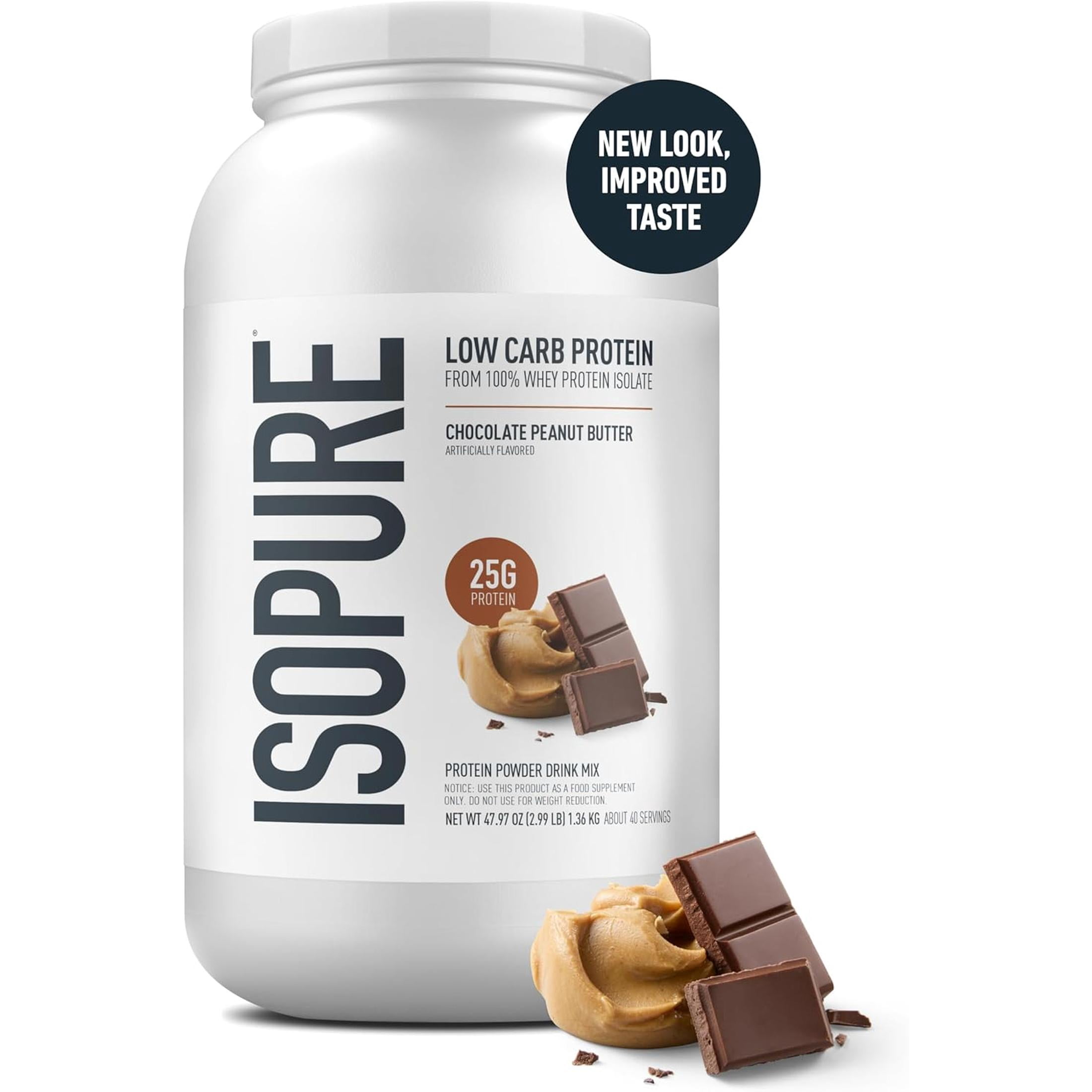 Isopure Low Carb 100% Pure Whey Isolate Protein Powder, Lactose Free, Gluten Free, With Vitamins, Chocolate Peanut Butter, 25g Protein Per Serving, 3 Lbs, 40 Servings (Packaging May Vary)