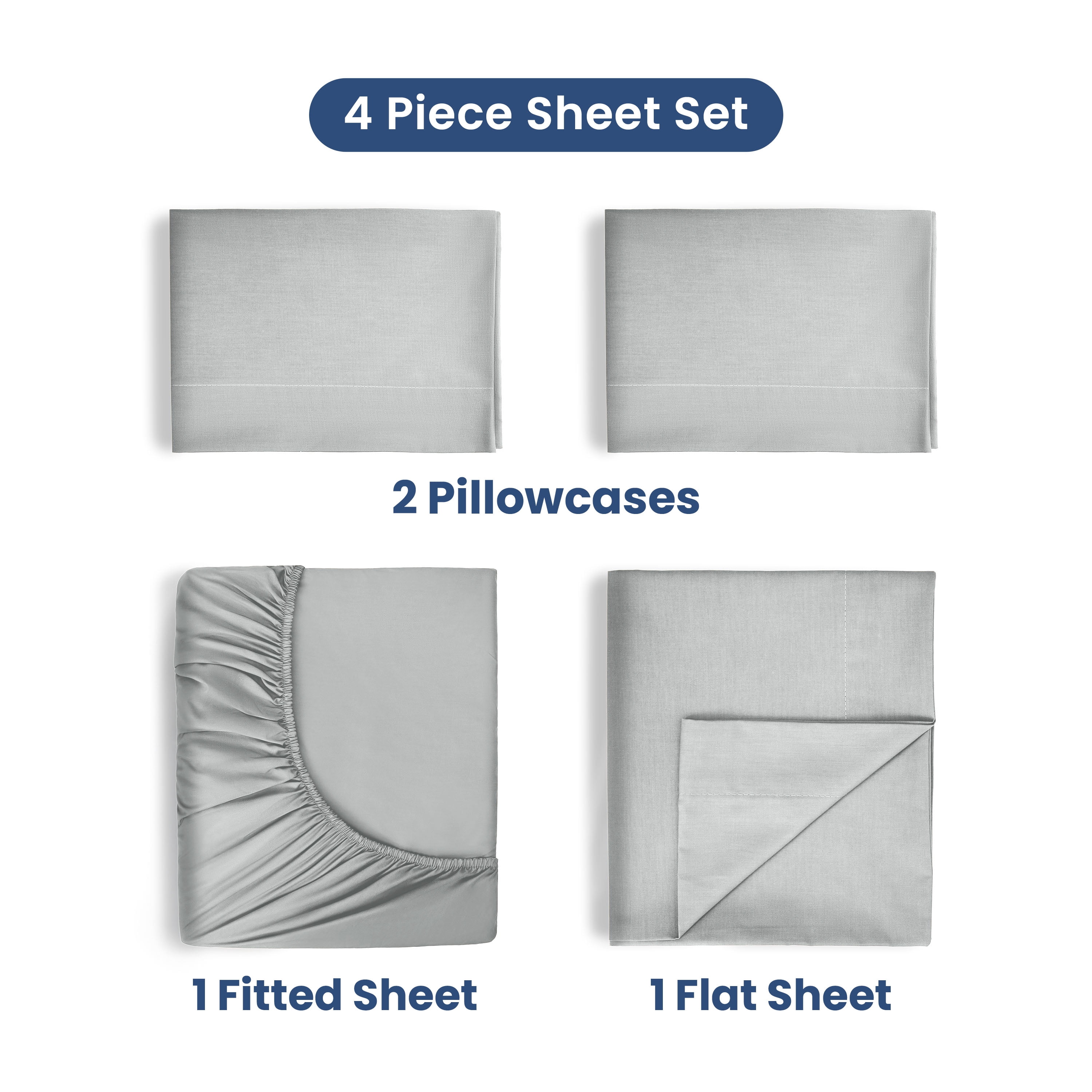 Soft Lightweight 400TC 100% Cotton Sateen Bed Sheet Set – 4-Piece Full – Light Grey