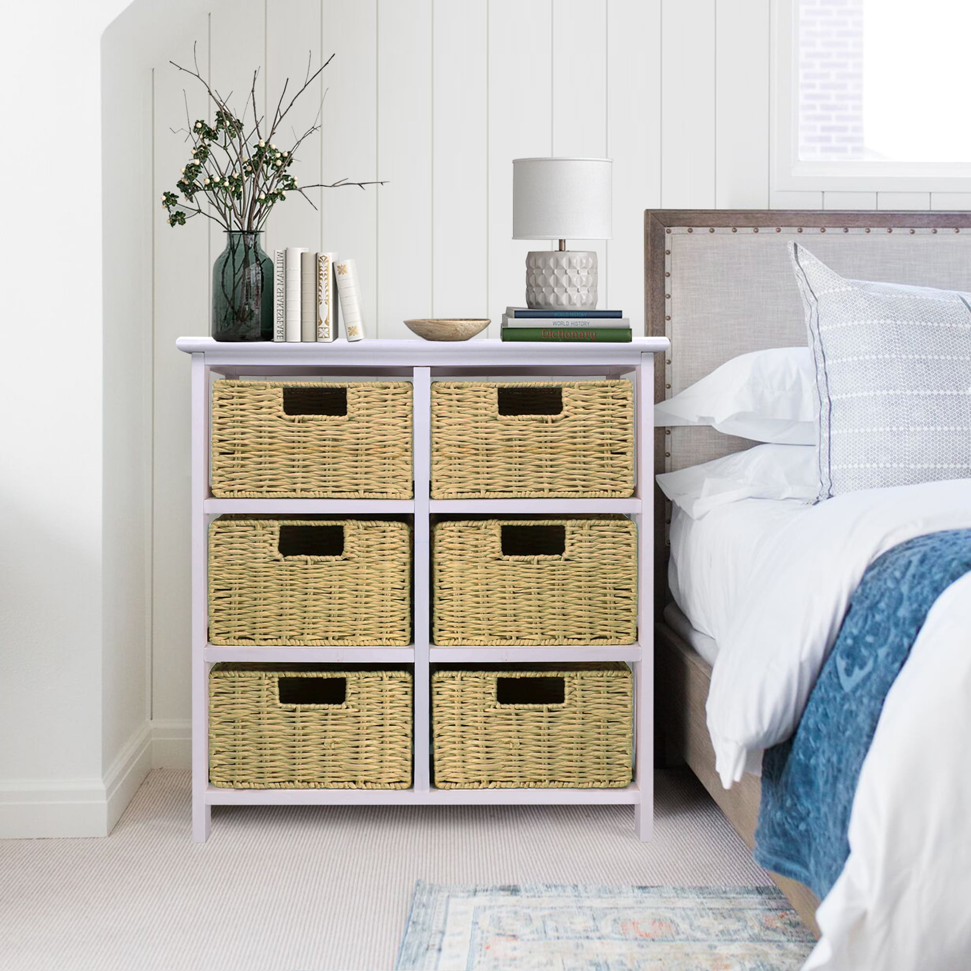 Wooden Basket Storage Chest Shelves with 6 Drawer Hallway Bedroom Furniture US 