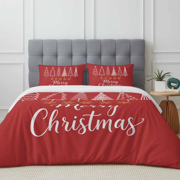 Queen Size Duvet Cover 4 Piece Bedding Set Merry Christmas Words Bed Sheet Sets Soft Microfiber Comforter Cover with Flat Sheet 2 Pillow Shams