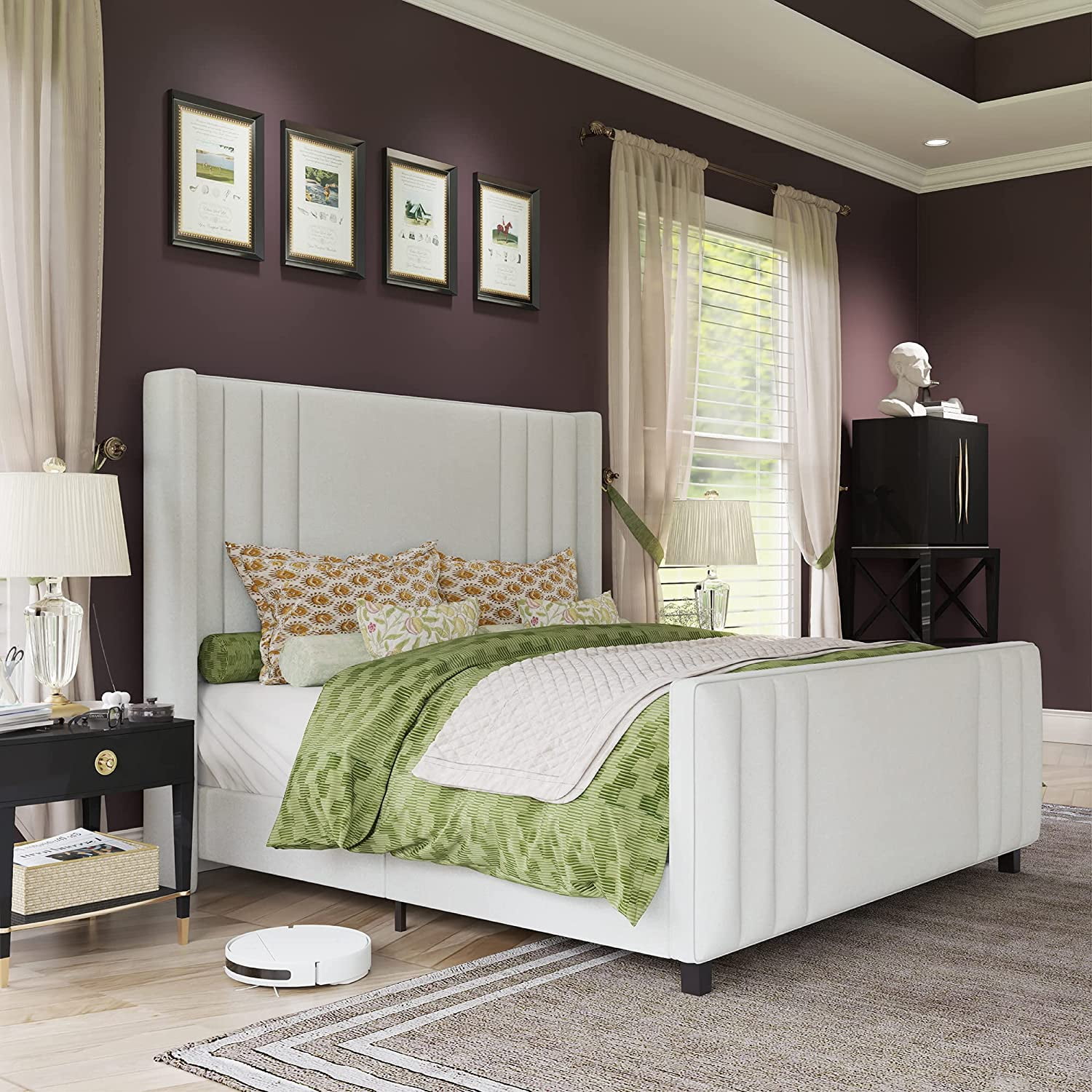 VanAcc Queen Size Bed Frame, Velvet Upholstered Platform Bed with Vertical Channel Tufted Headboard & Footboard/Wingback, with Wood Slats, Cream
