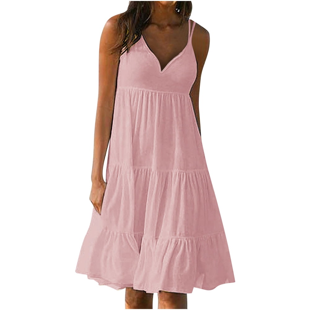 Joau Women's Summer Dress Plain Spaghetti Strap Sleeveless V-Neck ...