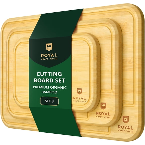Royal Craft Wood Premium Set of 3 Bamboo Cutting Boards for Kitchen - Wooden Cutting Board & Serving Tray with Juice Groove for BBQ, Fish & Vegetables