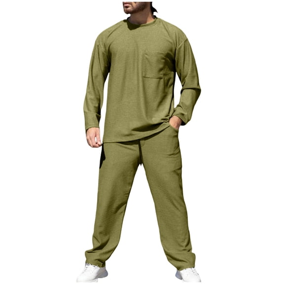 Gamivast Men's Waffle-Knit Lounge Set Long Sleeve Crewneck Top and Pants Soft Breathable 2 Piece Outfit for Casual Daily Home Sleepwear Relaxed Fit Suit