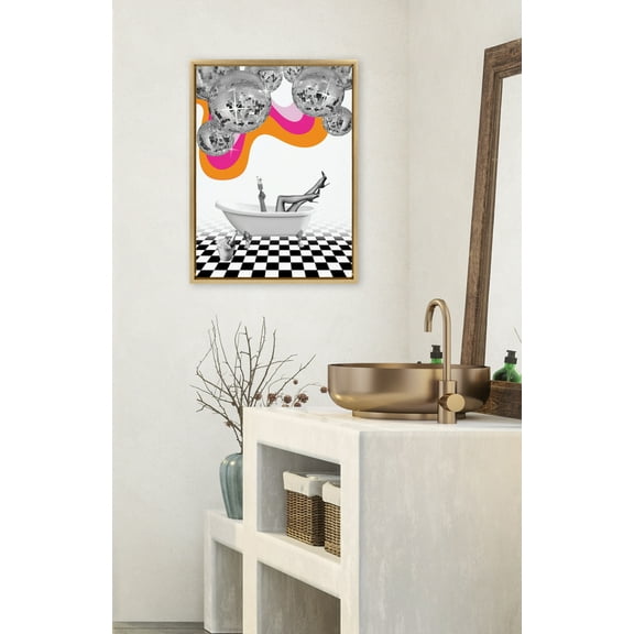 Kate and Laurel Sylvie Disco Bathtub Framed Canvas Wall Art by Honey Island Studio, 18x24 Bright Gold, Colorful Glam Bathroom Art for Wall