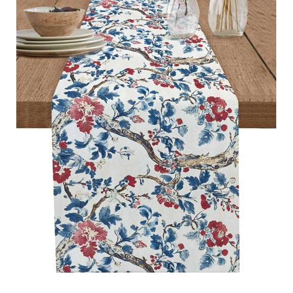 Blue Red Botanical Burlap Cotton Table Runner 13x72 Inches Long, Summer Watercolor Flower Branch Plant Farmhouse Table Runners, Outdoor Dining Tablecloths Decor for Baby Shower/Party/Wedding
