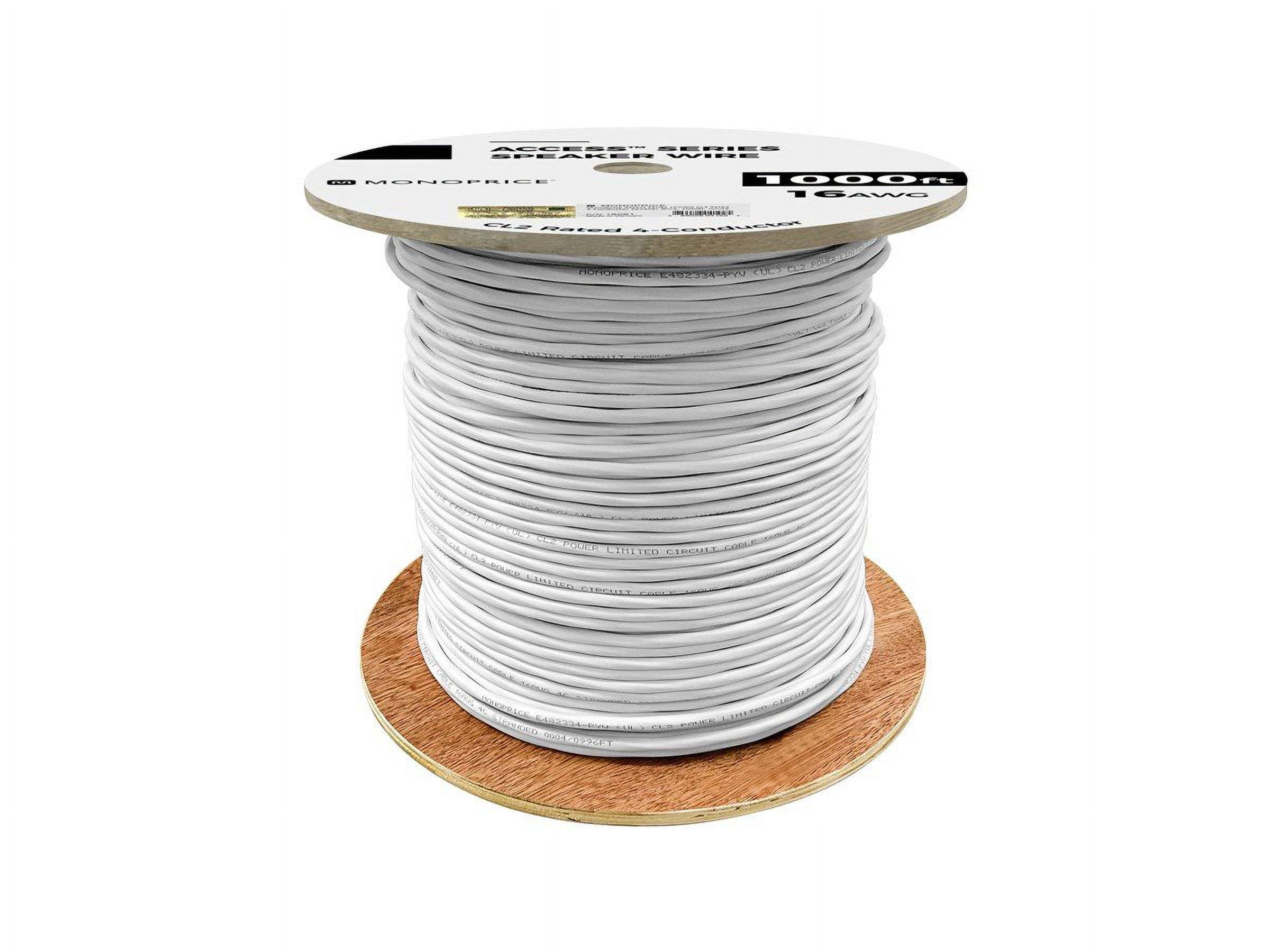 Monoprice Speaker Wire, CL2 Rated, 4-Conductor, 16AWG, 1000ft, White