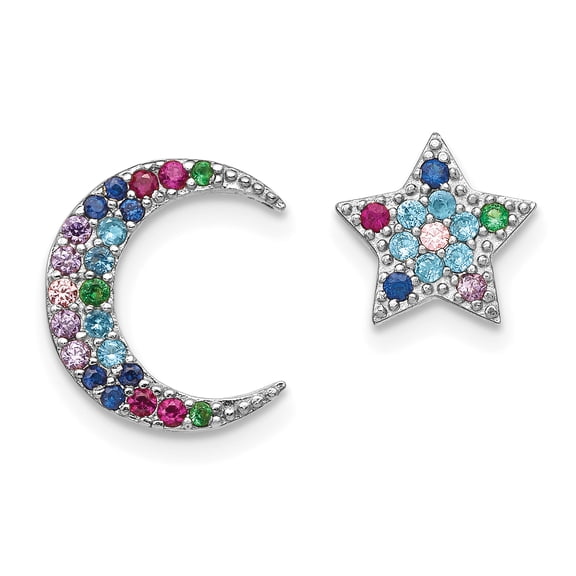 Primal Silver Sterling Silver Rhodium-plated Moon and Star Colorful Cubic Zirconia Post Earrings