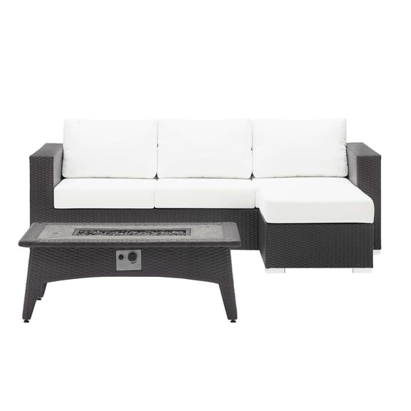 Contemporary Modern Urban Designer Outdoor Patio Balcony Garden Furniture Lounge Sofa, Chair and Coffee Table Fire Pit Set, Fabric Rattan Wicker, White