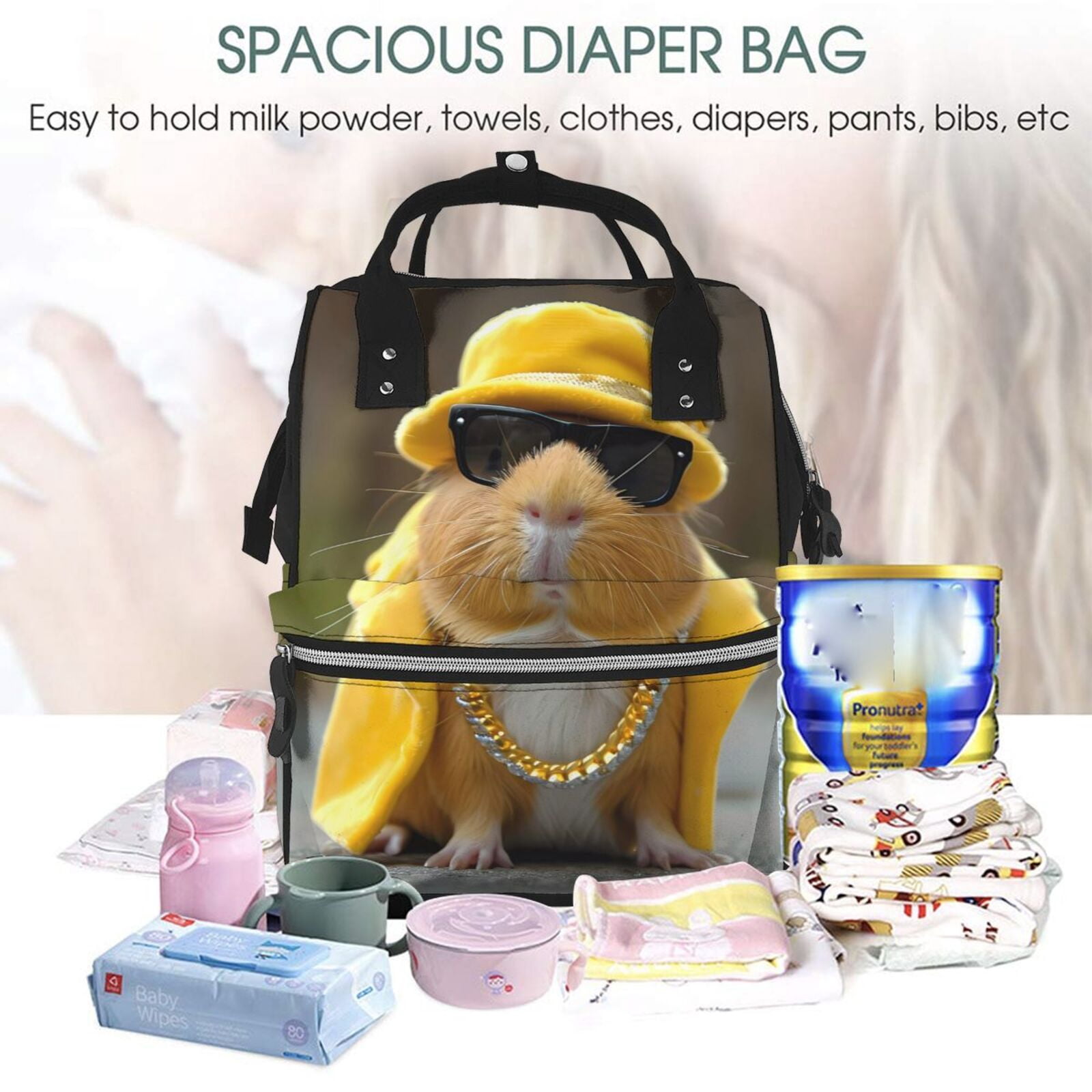 Fuzoiu Heavy Metal Style Guinea Pig Print Diaper Bag Backpack,Baby Essentials Travel Tote,Multi function Waterproof Diaper Bag, Travel Essentials Baby Bag - Unisex