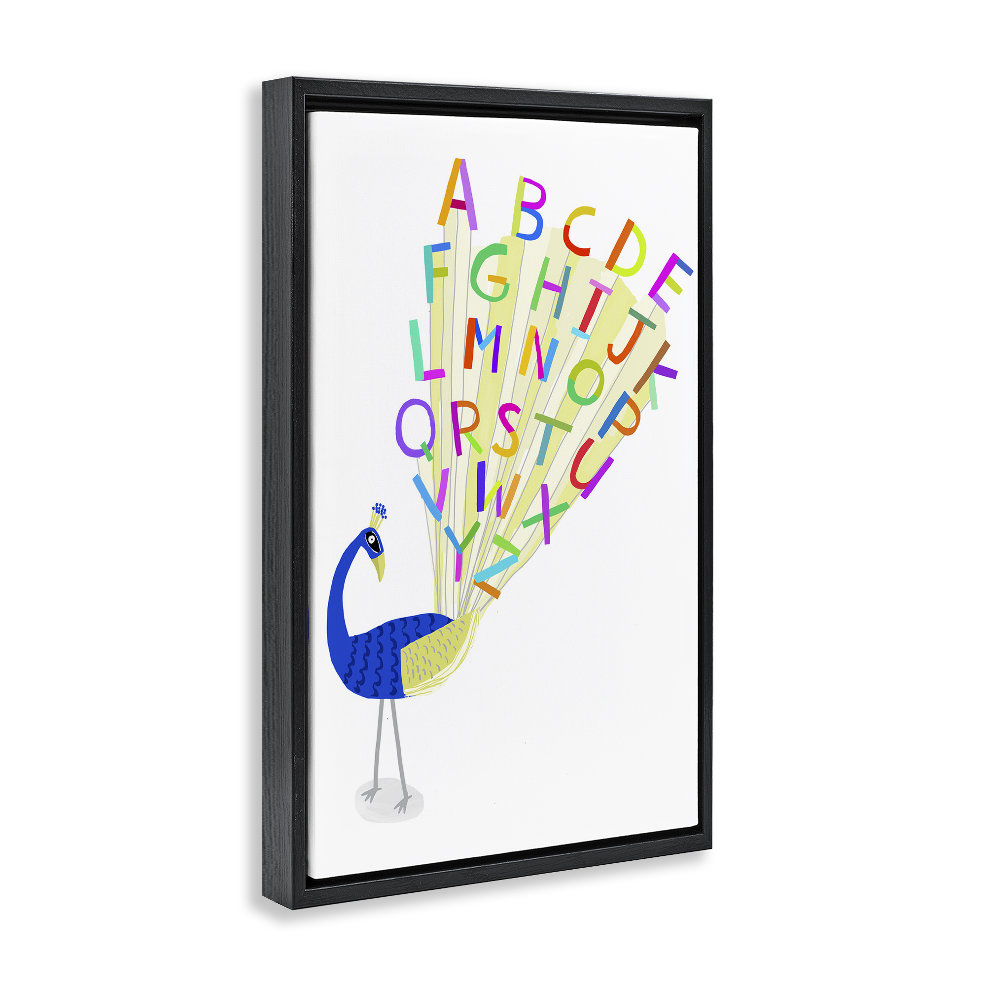 Stupell Industries Peacock Alphabet Feathers Animals & Insects Painting Black Floater Framed Art Print Wall Art, 17 x 25