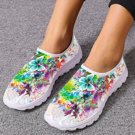 Fashion Colorful Gradient Color Butterfly Design Loafers Slip On Casual Shoes Soft Home Mesh Shoes Walking Shoes