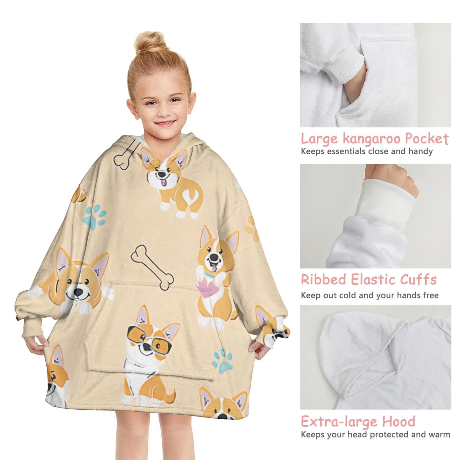 Cartoon Corgi Blanket Hoodies for Kids 6-13YR Oversize Wearable Blanket Hoodies for Boys Girls Teens