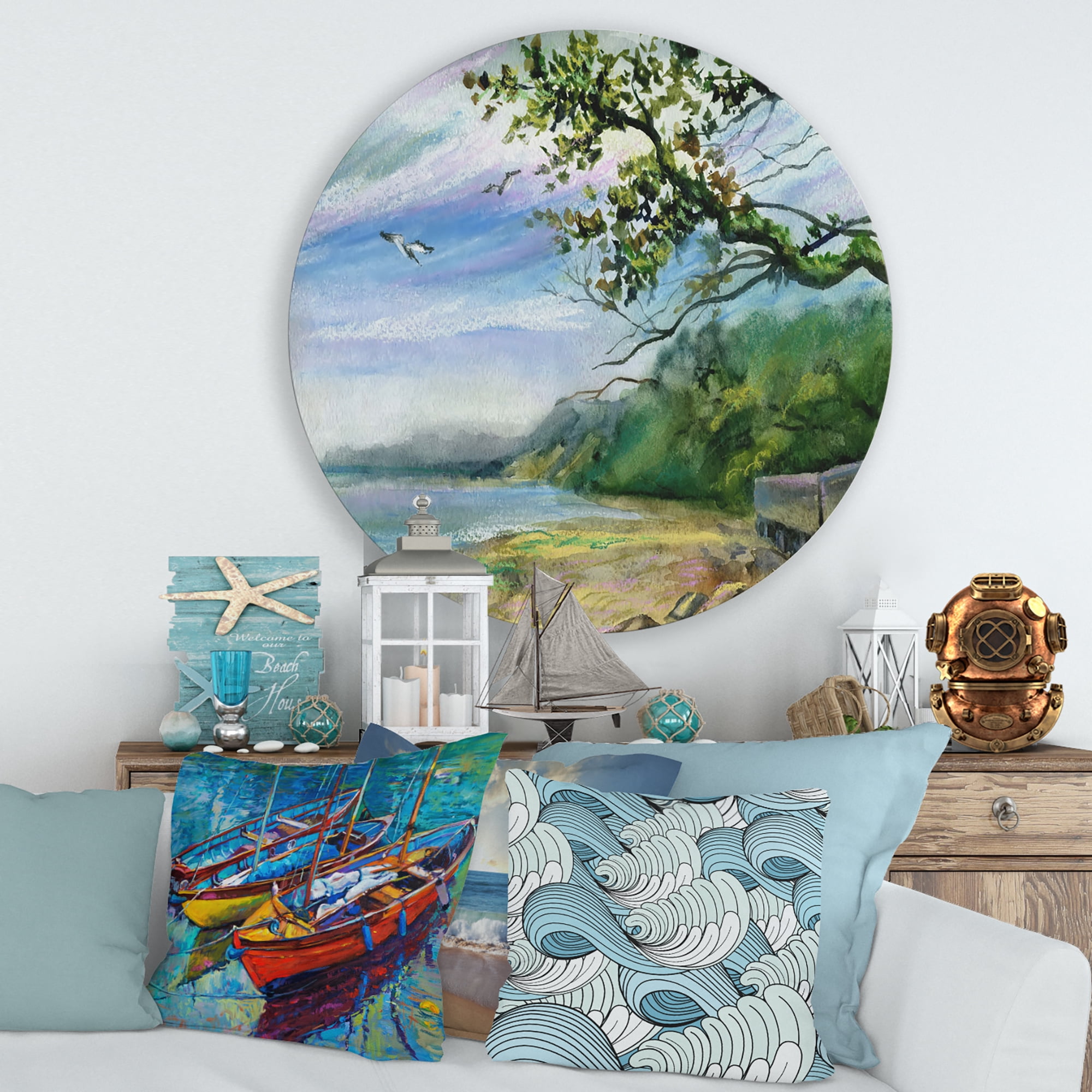 Designart 'Green Coast of The Baltic Sea' Nautical & Coastal Circle Metal Wall Art 29x29 - Disc of 29