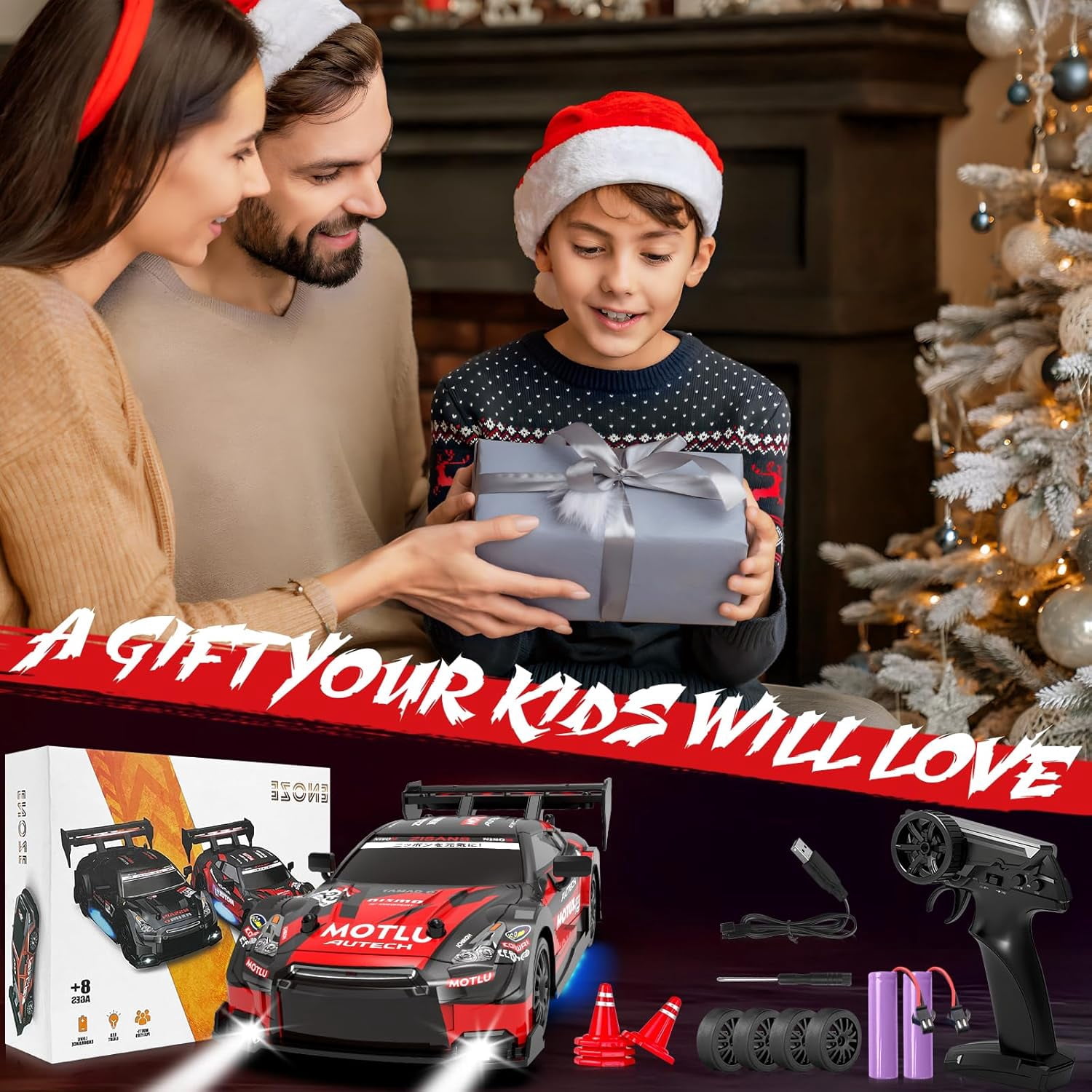 AIGIA 1:24 Scale RC Drift Car 30KM/H 4WD 2.4GHz Remote Control Cars with LED Light High Speed RC Racing Cars Toy Gift