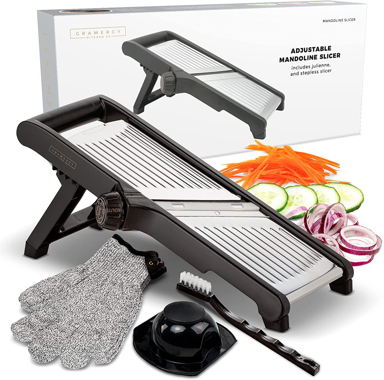 Gramercy Kitchen Co adjustable mandoline slicer with guard and cut-resistant gloves