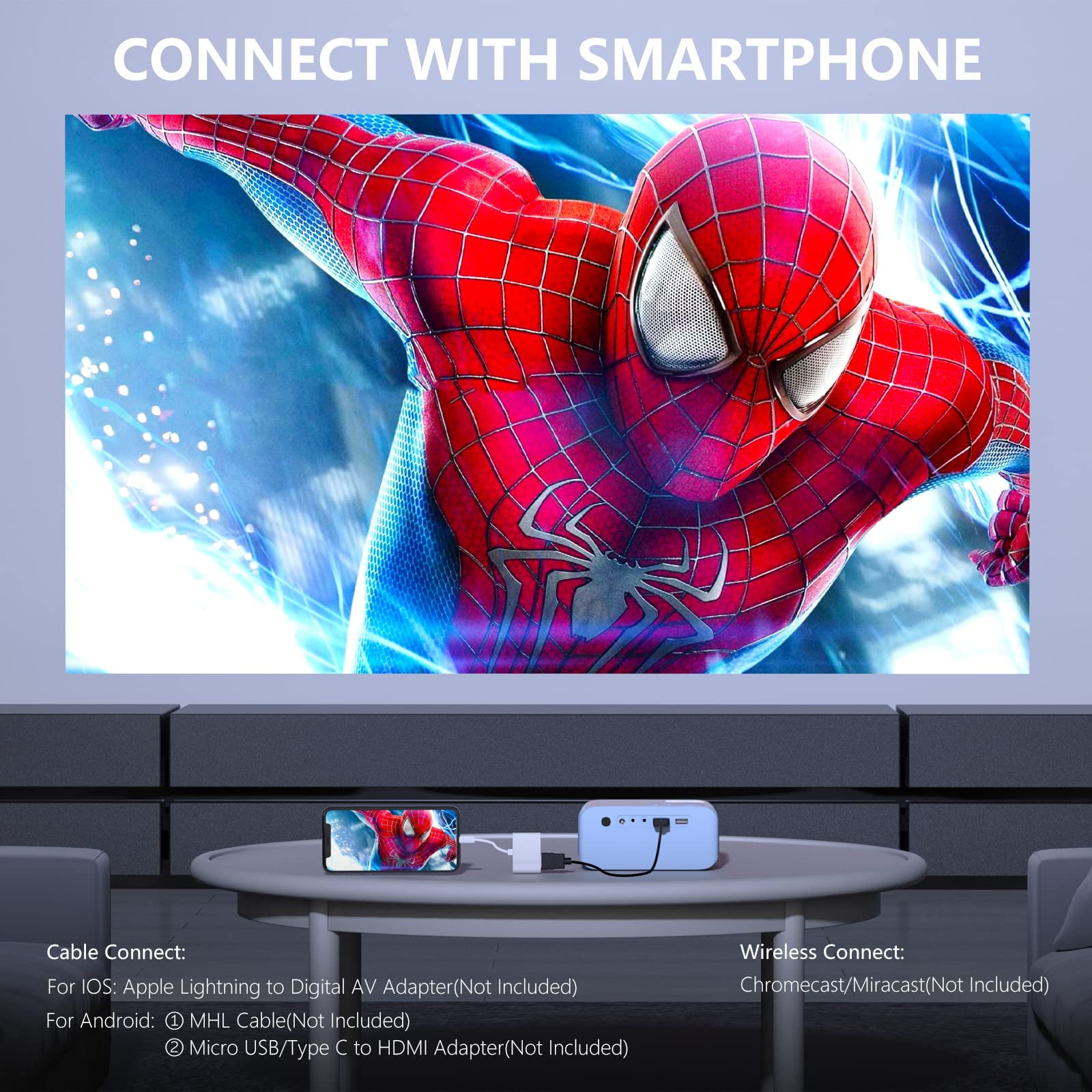 Mini Projector, Native 1080P Full HD 9000L Movie Projector 4K Supported, Video Mini Portable Projector for HDMI, USB, Laptop, TV Stick, PS5, IOS & Android, U Disk