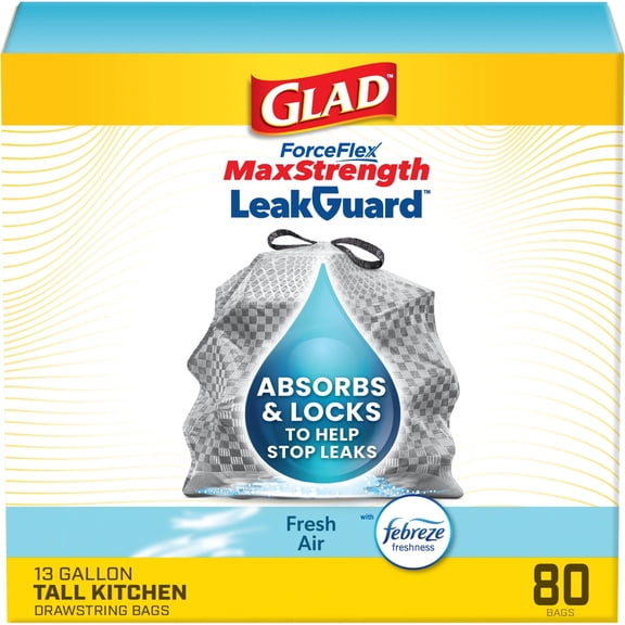 Glad ForceFlex MaxStrength LeakGuard Tall Kitchen Trash Bags, 13 Gallon, Fresh Air, 80 Count