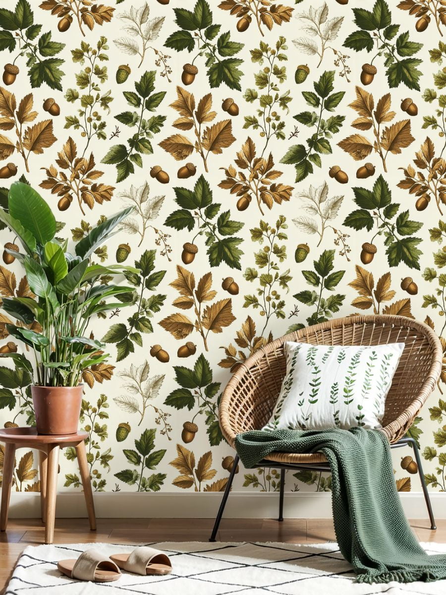 Peel and Stick Wallpaper 23.6in x 9.8ft Vintage Botanical Oak Leaves Acorns Cream Contact Paper Vinyl Waterproof Self Adhesive Wall Paper for Bedroom Shelf Cabinet Renter Friendly