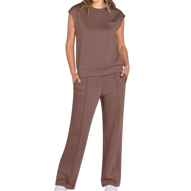 Traje Informal de Dos Piezas para Mujer, Cuello Alto, Pantalones Anchos, Ideal para Vacaciones y Viajes Marrón XXL