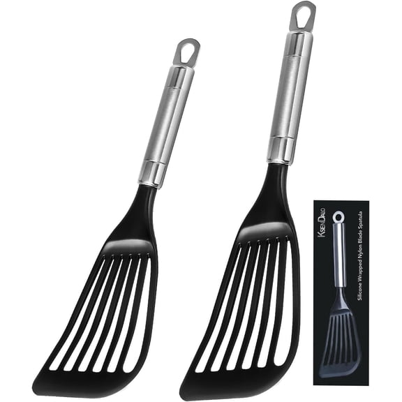 KSENDALO Fish Turner Spatulas Set, Flexible Egg Flippers for Nonstick Cookware, Thin, Slotted, Angled LFGB Nylon Blade