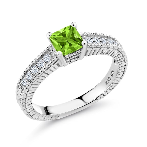 Gem Stone King 0.88 Ct Princess Cut Green Peridot White Created Sapphire 925 Sterling Silver Ring (Size 8)