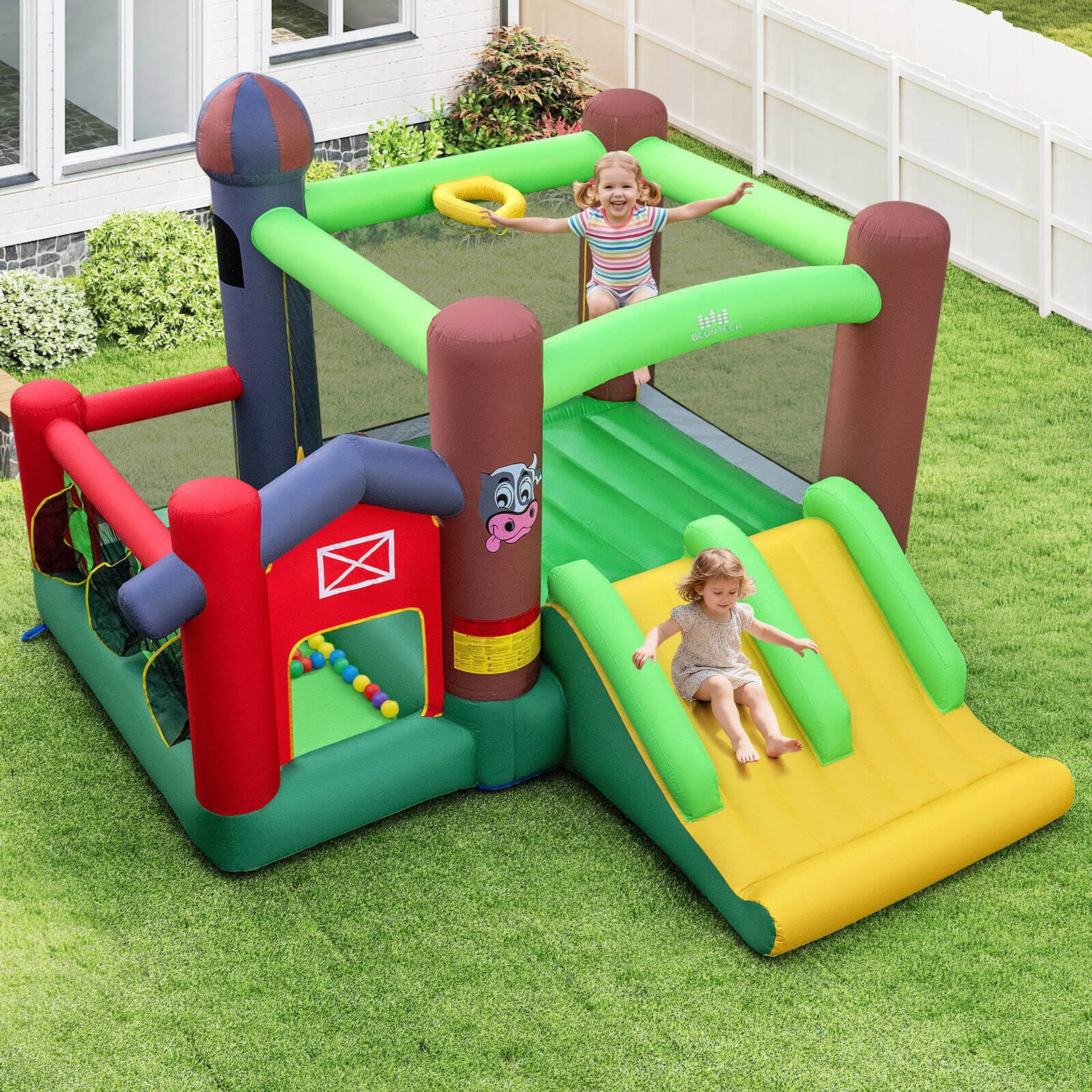 Costway Farm Themed Inflatable Castle Kids Bounce House w/ Double Slides Blower Excluded