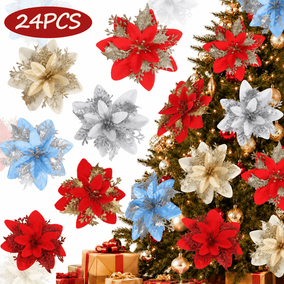 24Pcs Christmas Tree Decorations, 6-Style Glitter Poinsettia Flowers with Clips and Stems for Wreath, Garland and Holiday Decor
