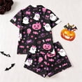 thumbnail image 4 of CUZIBR Toddler Pajamas For Girls Halloween Short Sleeve Bow Print Button Down Shirt And Shorts 2 PC Sleepwear Ghost Pumpkin Spider Graphic Lapel Smooth Cozy Party Daily Nightwear,Black,3-4 Years, 4 of 9
