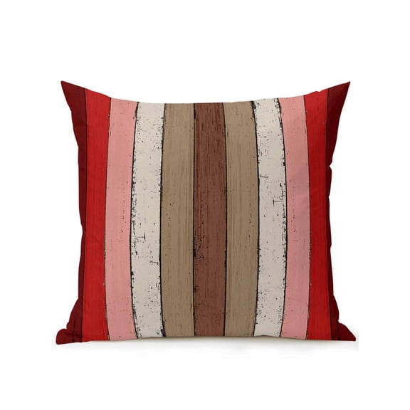 1 Pack Outdoor Throw Pillow, Red Pink Waterproof Pillow with Insert Included, Farmhouse Wood Grain Vintage Brown Striped Decorative Accent Cushion Sofa Pillows for Patio Porch, 16 x 16 In