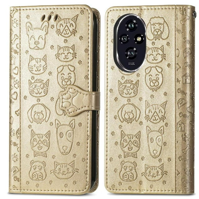 Funda Cartera FOXDOCK para Honor 200 , Flip PU con Relieve de Gatos y Perros, Tarjetero y Soporte