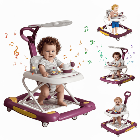 KFeng 4-in-1 Foldable Baby Walker with Toy Tray,3-Level Height Adjustable,Wheels,for Infants 6-24 Months (Red)