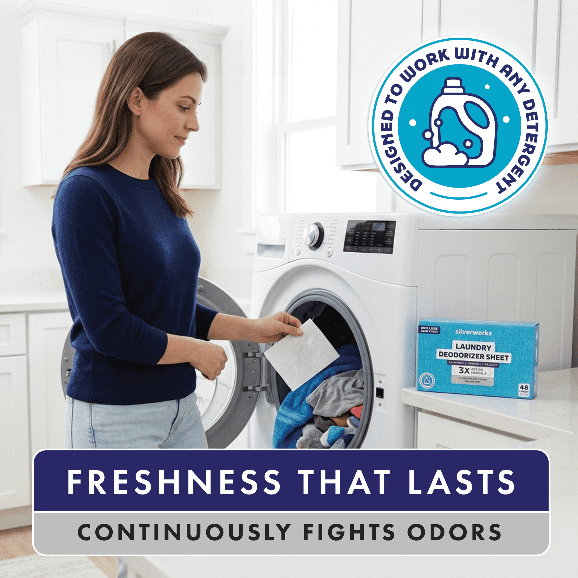 SilverWorks! Deodorizer Laundry Odor Eliminator For Clothes - Natural Silver Ion Infused Washer Sheets - Laundry Deodorizer Odor Eliminator - Lasting Laundry Odor Remover Dryer Deodorizer –24 Loads